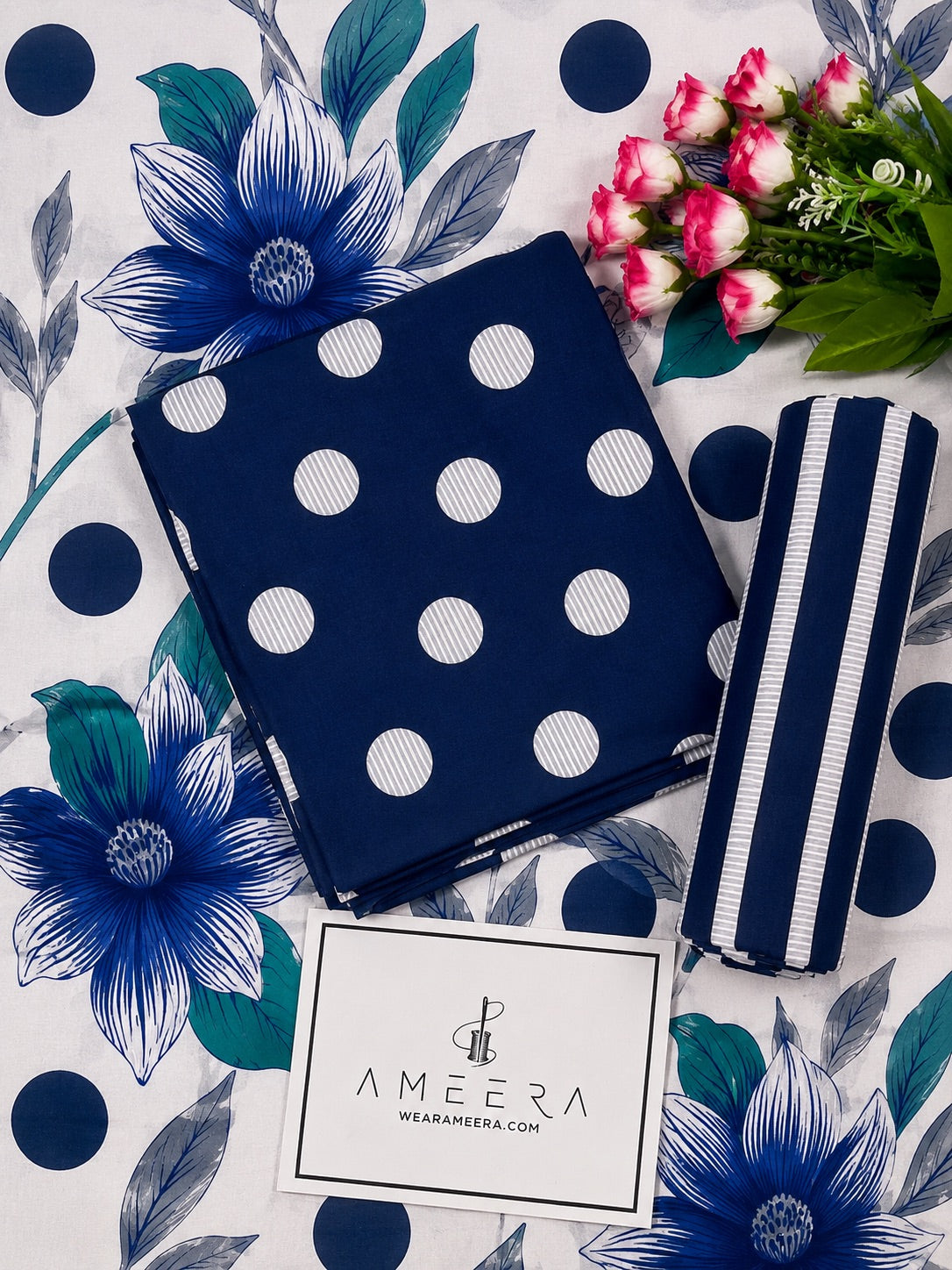 (Printed Lawn - Polka Dots - Navy Blue)